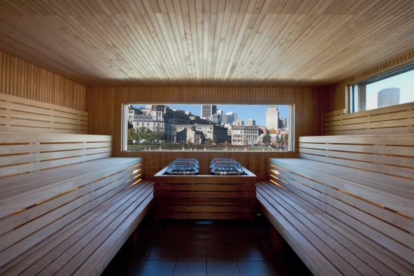 sauna with view of old montreal through