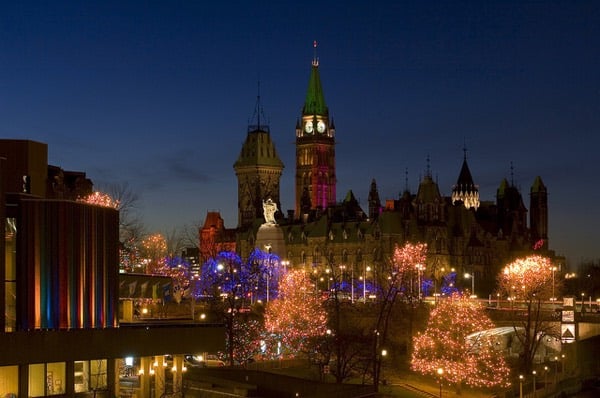 christmas lights in ottawa near the nac and parliament hill.