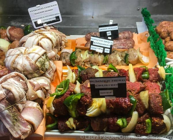 chicken avocado bacon bombs? yes, please! display case at don's Meat Market in Almonte.