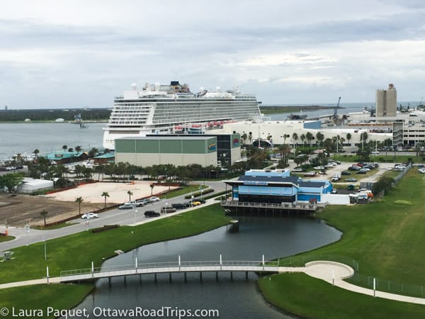 Port Canaveral with large cruise ship in port.