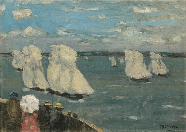people watching sailboats with big white sails, painted by j.w. morrice.