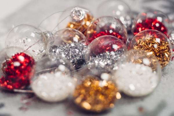 red, white and gold christmas ornaments.