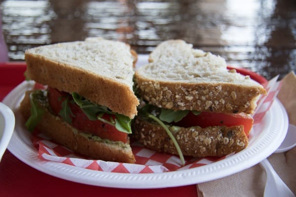 Tomato sandwich on a paper plate with a red-and-white-checked serviette.