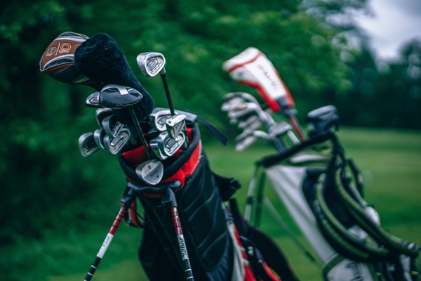 Golf clubs in bags.