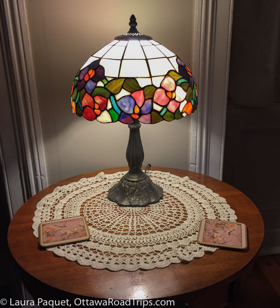 Tiffany style lamp on side table at the Sir Isaac Brock Bed and Breakfast in Brockville, Ontario.