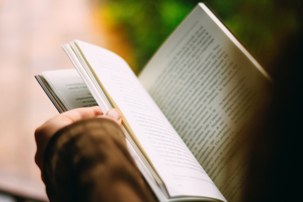 Person holding open book, photographed from over their shoulder. Photo by João Silas on Unsplash.