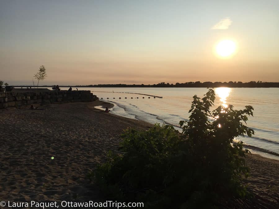 sunset over river with sandy beach and shrubs in foreground