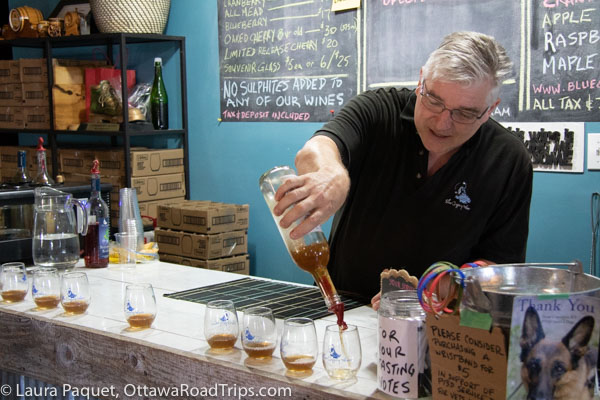 Winemaker Louis Gaal pours samples for visitors at Blue Gypsy Wines in Oxford Mills, Ontario.