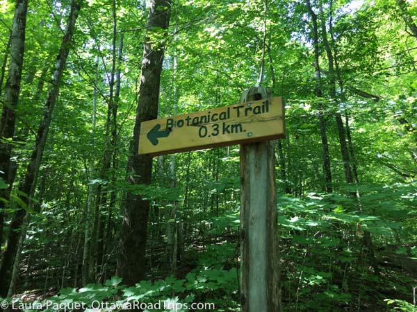 signpost at shaw woods outdoor education centre in eganville, ontario.