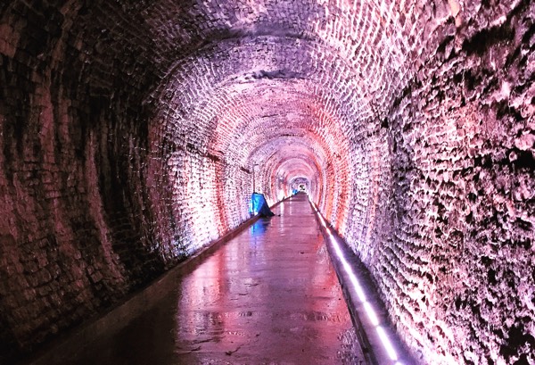brockville railway tunnel (long stone tunnel illuminated with purple lights).