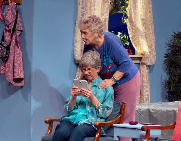 A woman looks over the shoulder of a seated woman looking at a tablet computer. Jane Morris and Sharron J. McGuirl star in Ripcord. Photo by Photos by Maria Vartanova courtesy of Ottawa Little Theatre.