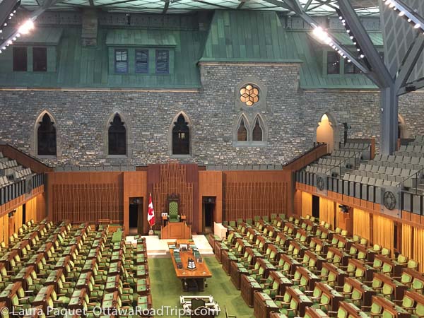 with its green carpet, original chairs and desks and grey stone, the new, temporary house of commons chamber in the west block on parliament hill preserves the atmosphere of the centre block chamber, now undergoing renovation. photo by laura byrne paquet.