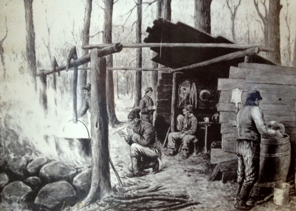 Historical picture of a sugar shack (sucrerie) in Quebec, with men boiling sap in a cauldron over an outdoor fire.