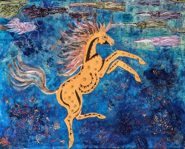 Spirit Horse: Joyful Dance. Mixed media painting, 30x24. Art and photo by Katharine Fletcher.