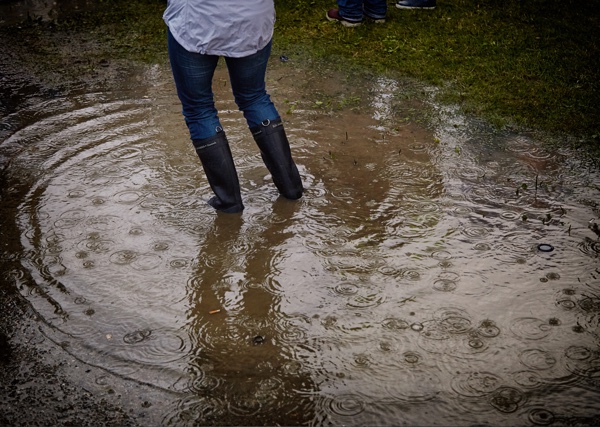 Person in boots walking through water.