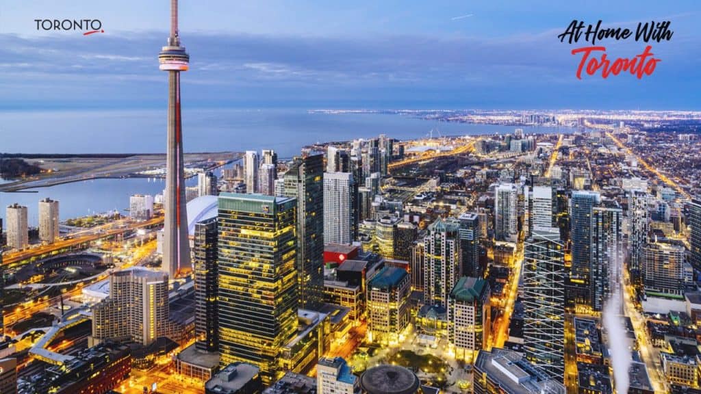 zoom background of toronto skyline at night.