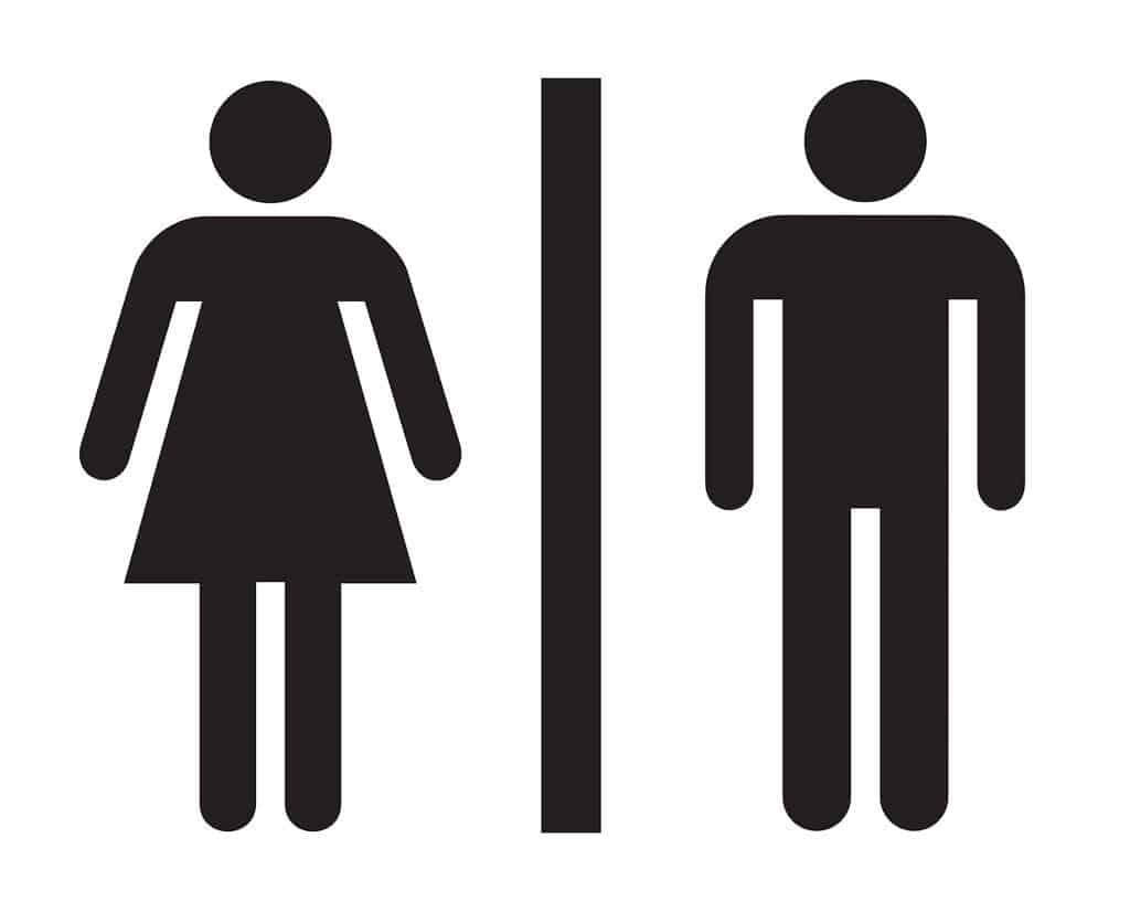 universal restroom symbols, female and male, black and white.