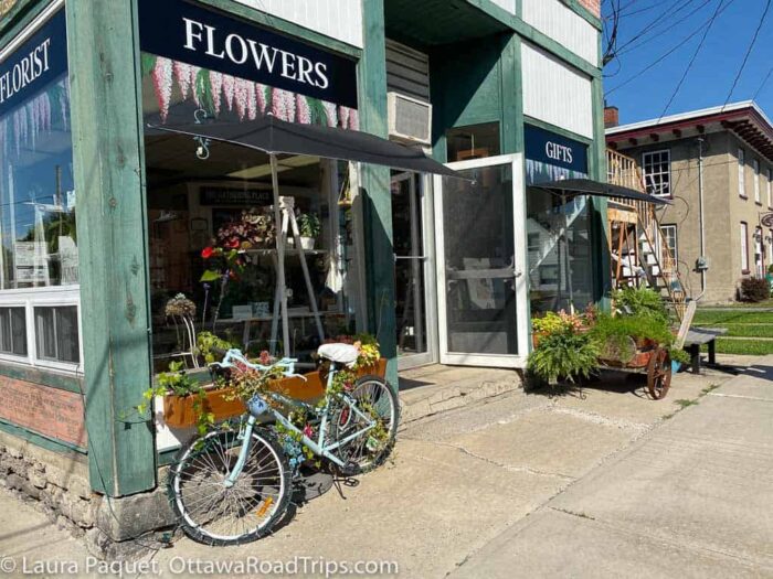 bicycle leaning against the window of a flower shop