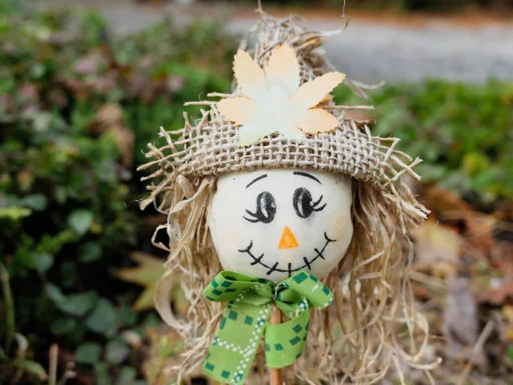 cheerful scarecrow head with a flowered hat and green bow tie