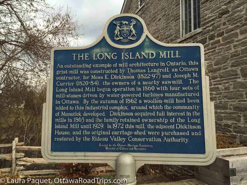 blue-and-white province of ontario historical plaque describing the long island mill in manotick (also known as watson's Mill).