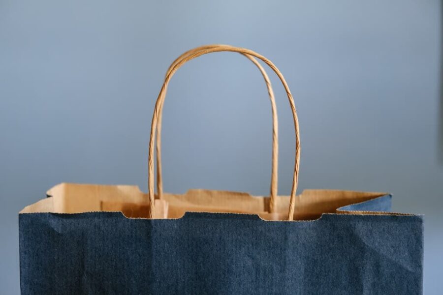 blue paper bag with string handles