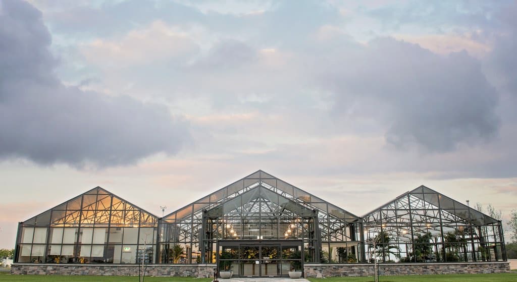 three joined greenhouses under a cloudy sky