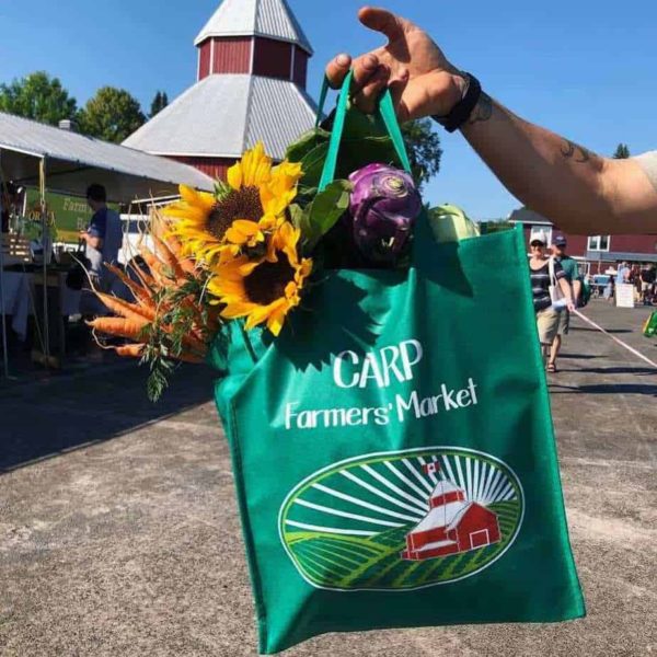 arm holding a green bag filled with sunflowers and other flowers, with carp farmers' Market building in background.