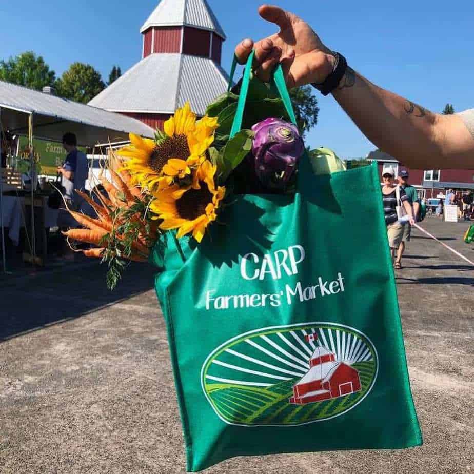 Arm holding a green bag filled with sunflowers and other flowers, with Carp Farmers' Market building in background.