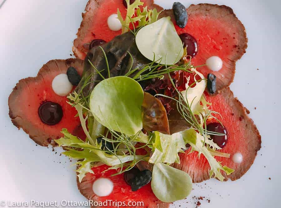 medallions of beef carpaccio topped with microgreens on a white plate