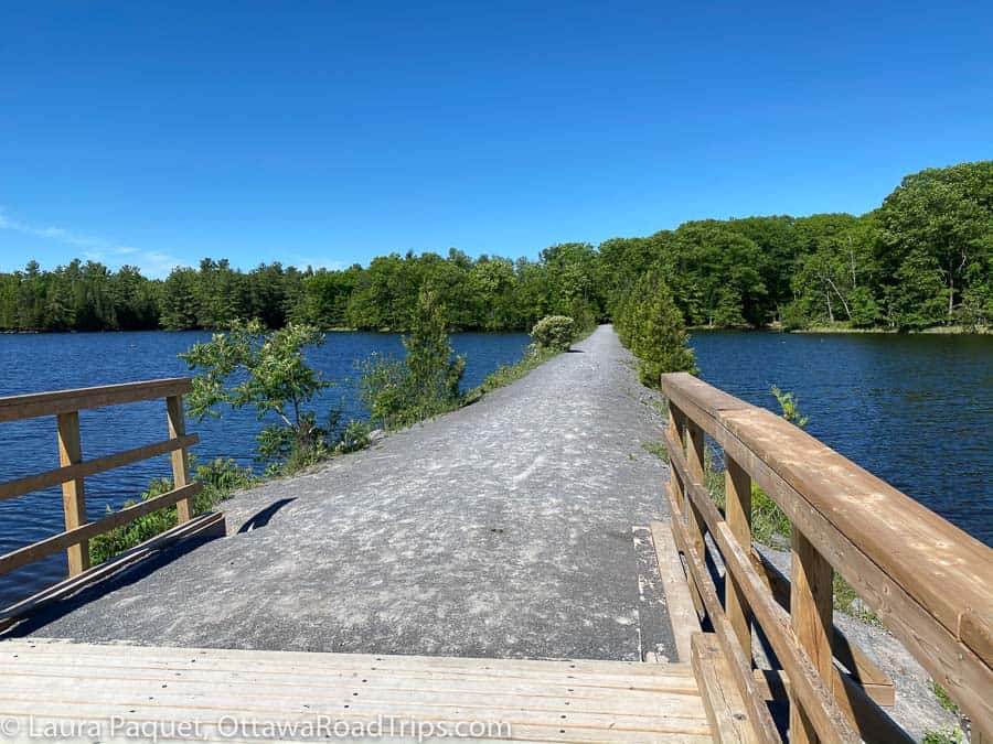 the causeway at morris island conservation area. a flat trail with a boardwalk and then a gravel surface, running across blue water toward green trees.