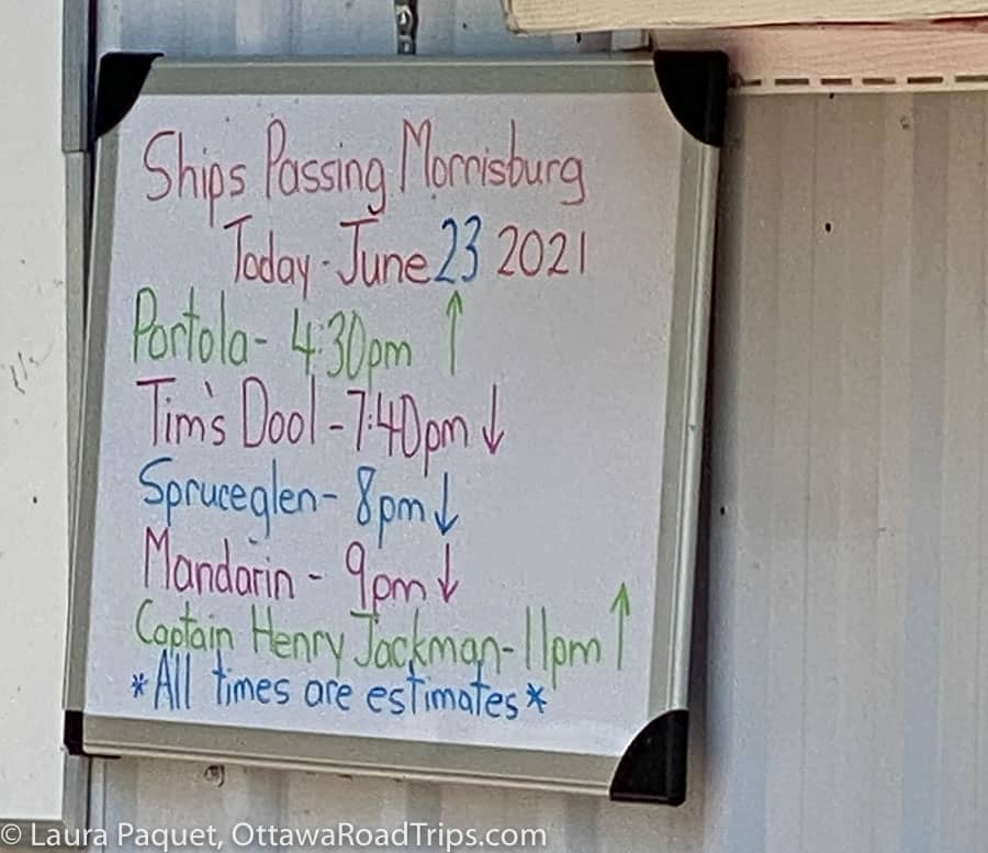 list of times for passing ships in multi-coloured marker on a whiteboard