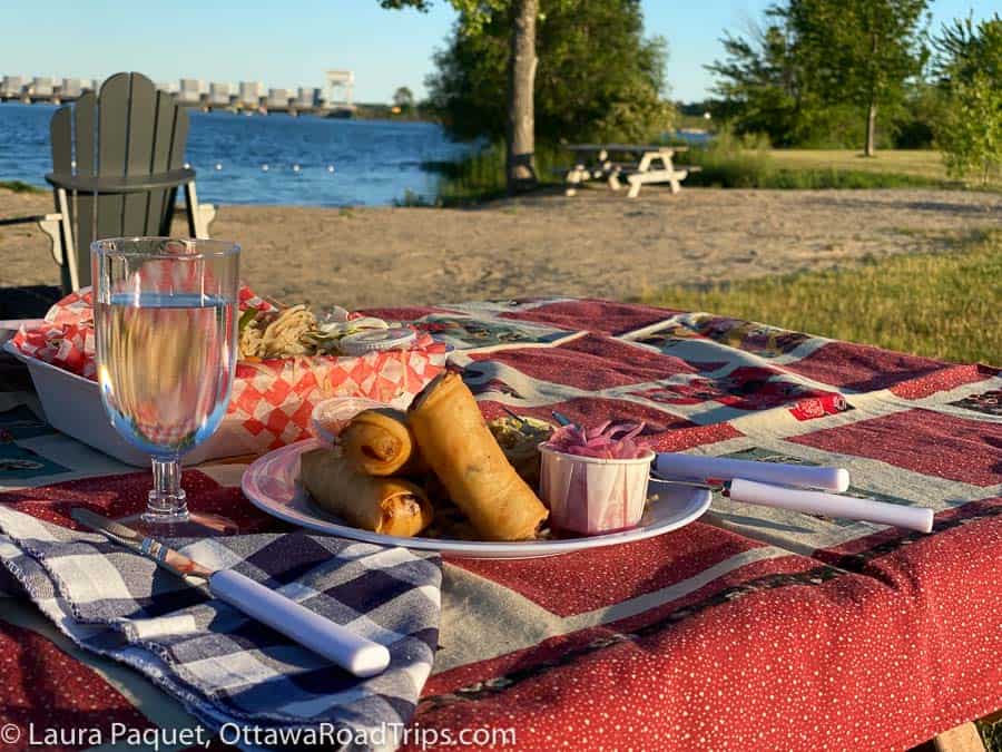 spring rolls and pad thai on picnic table with river in background