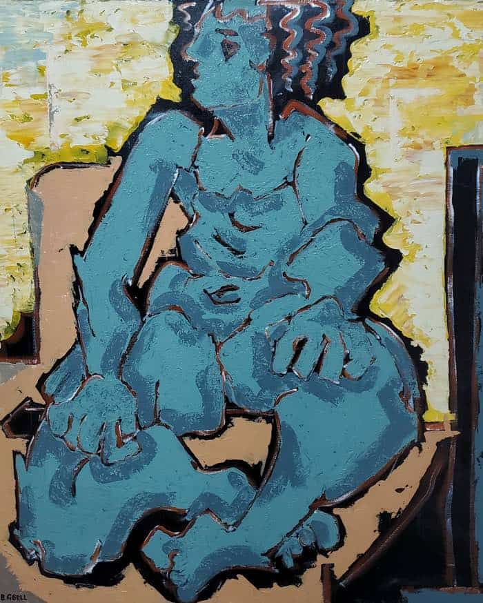 semi-abstract painting of a blue person sitting on a beige chair against a yellow background