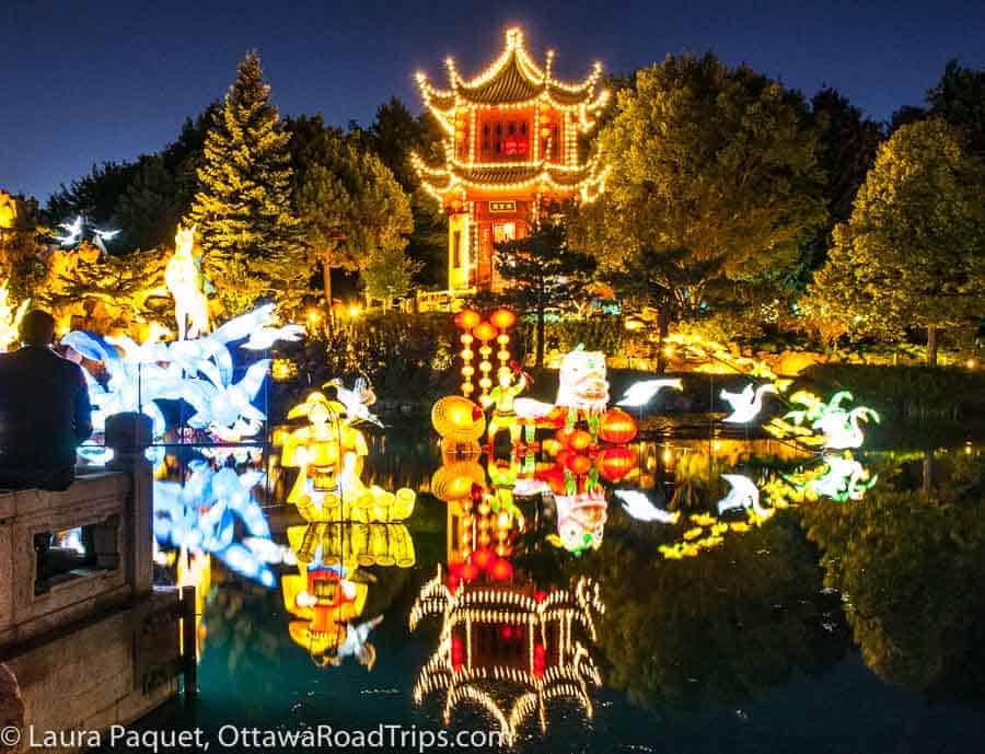 illuminated pagoda and lanterns around a pond