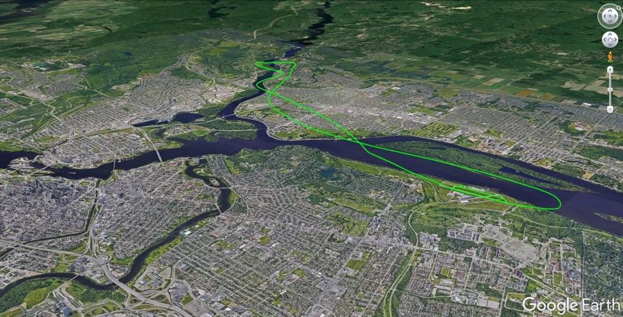 flight path marked in green over a google earth map of ottawa-gatineau.