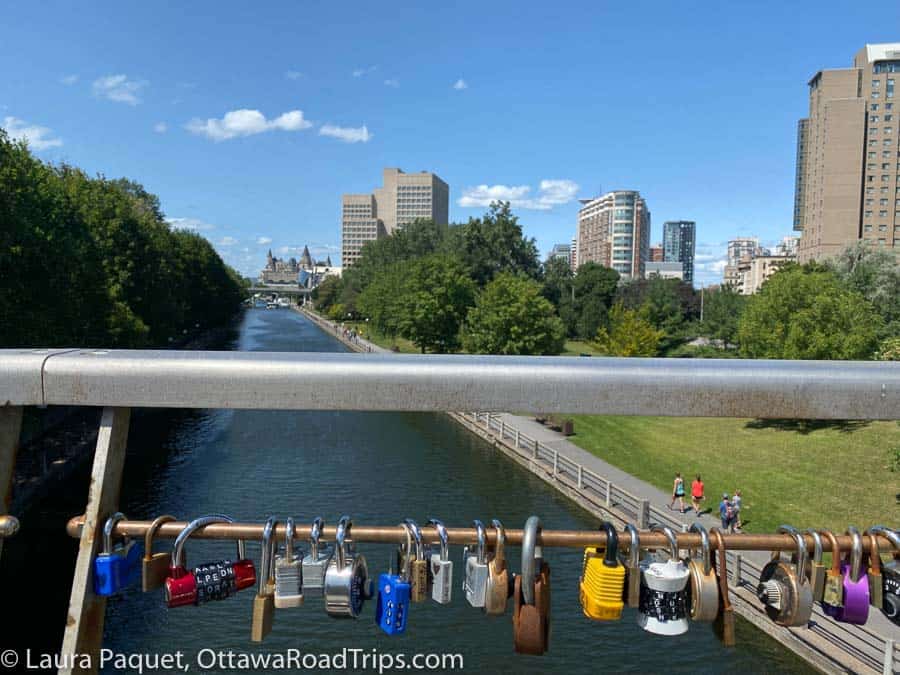 Locks on a metal bridge rail in foreground, with Rideau Canal, University of Ottawa buildings, lawns, trees and Chateau Laurier Hotel in background.