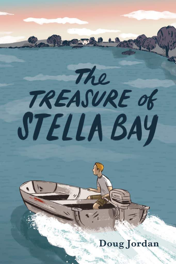 book cover illustration of a boy in an old boat with an outboard motor, motoring toward a small island