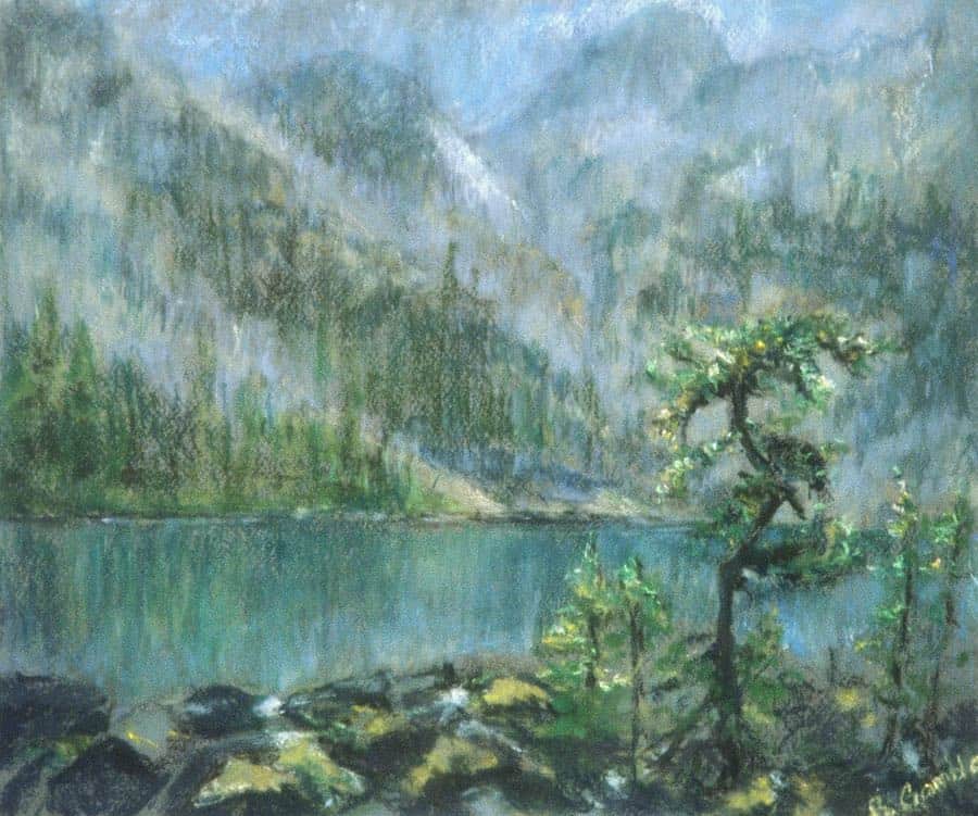 Pastel artwork of a blue-green mountain lake surrounded by rocks and coniferous trees.