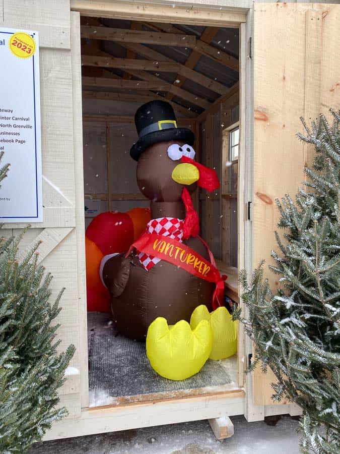large inflated van turken turkey with a pilgrim hat and a checkered banana, sitting in a wooden hut.