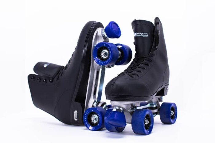 black roller skates with blue wheels on a white background