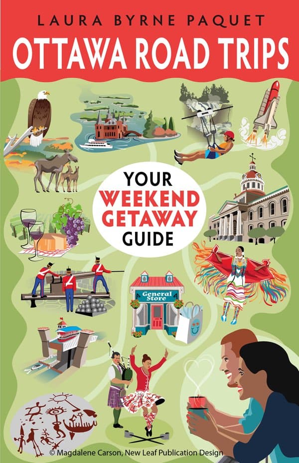 red and green book cover with small illustrations of tourist sites near ottawa, such as a waterfall and kingston city hall