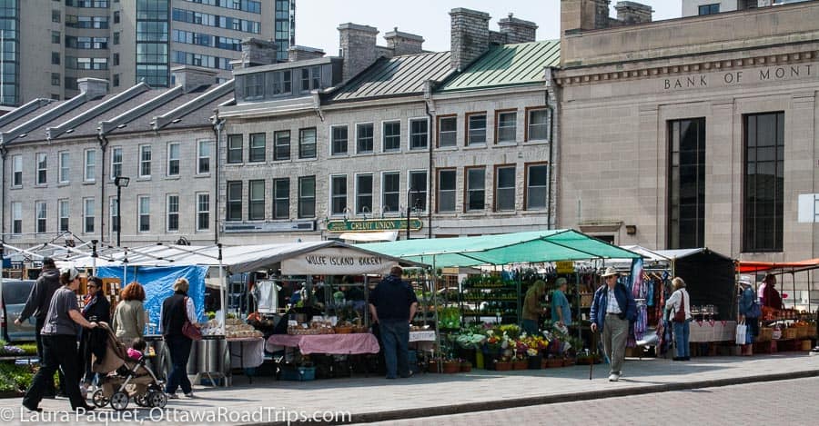 vendors under green, white and orange awnings selling flowers, baked goods, produce and maple syrup, as people walk by