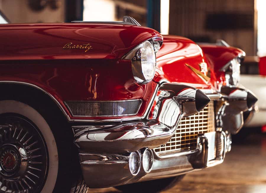 closeup of front grille of a classic red Biarritz car