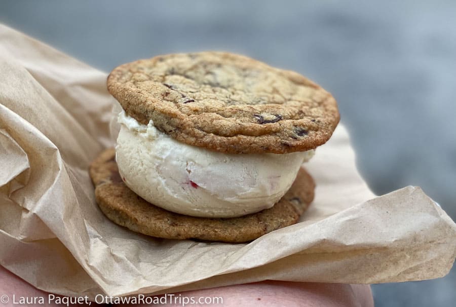 hand made ice cream cookie sandwich on a paper wrapper