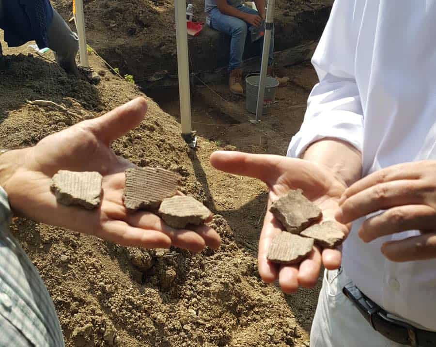 Closeup of two people's hands holding bits of brown artifacts above some dirt