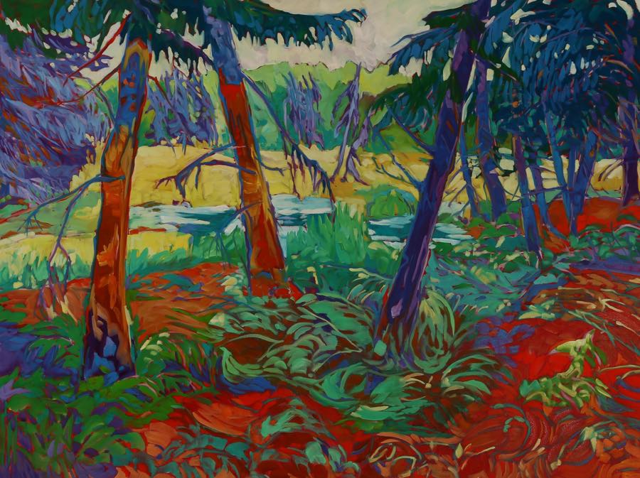 Colourful painting of trees and wetlands.