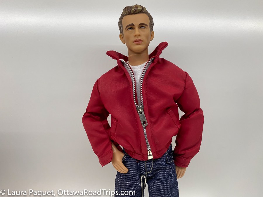 james dean doll dressed in red jacket and jeans