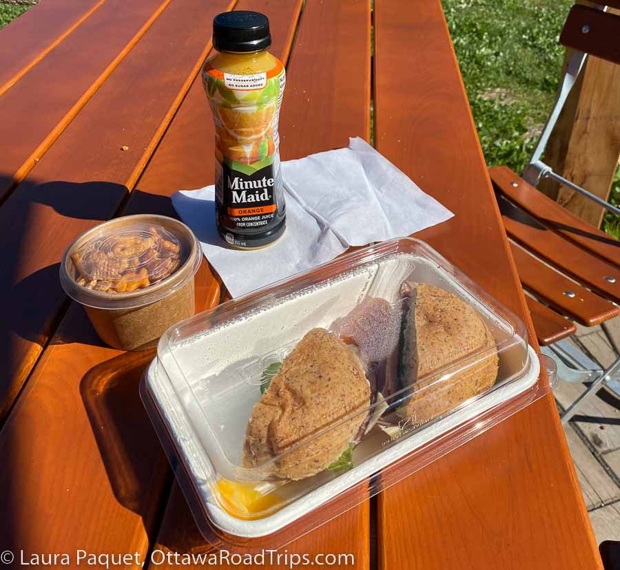 bottle of orange juice, cardboard carton of bits 'n' Bites, and plastic-lidded container with a ham-and-cheese sandwich on a picnic table.