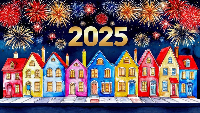 ai image of colourful small houses with fireworks and 2025 in sky above them