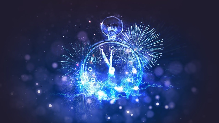 collage of large illuminated blue clock and fireworks.